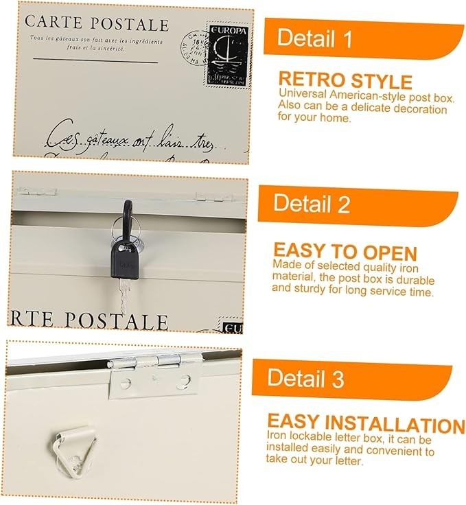 Lockable Wall Mounted Mailbox White Iron Post Box Rustic Outdoor Letter Holder