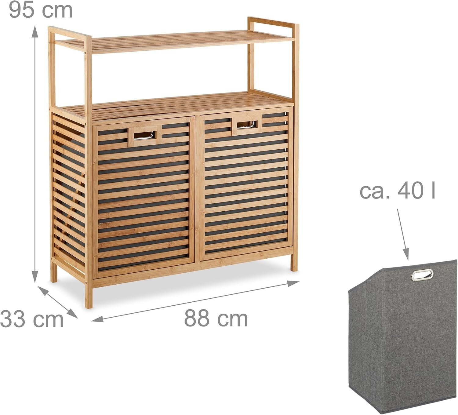 Bamboo Laundry Basket with Shelves 2 Tilt Bins 40L Bathroom Storage Unit 95x88cm
