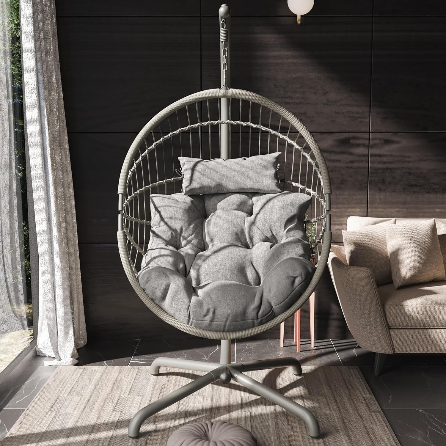 Foldable Rattan Hanging Egg Chair with Stand & Cushion for Indoor Outdoor