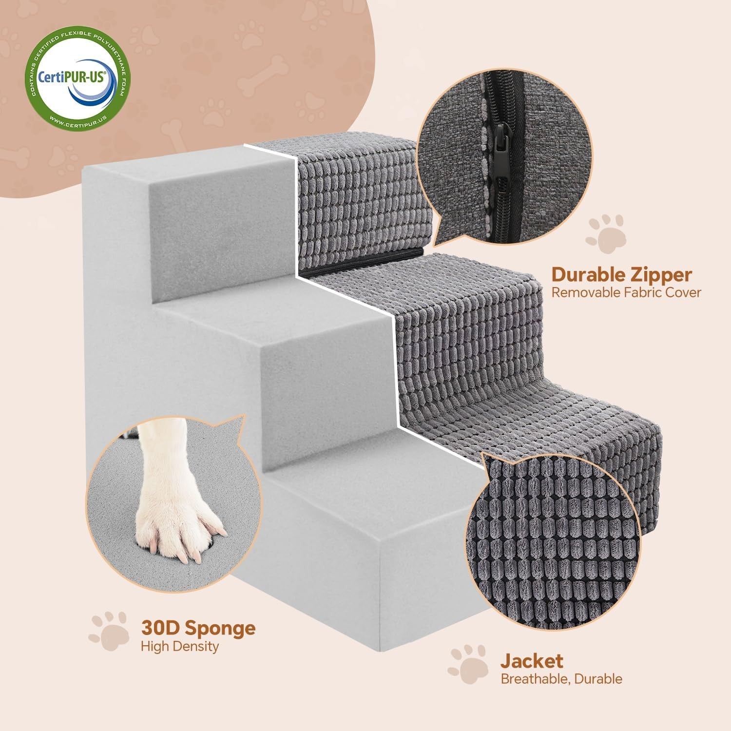 3 Step Dog Stairs Ramp for High Bed Non Slip Foldable Grey