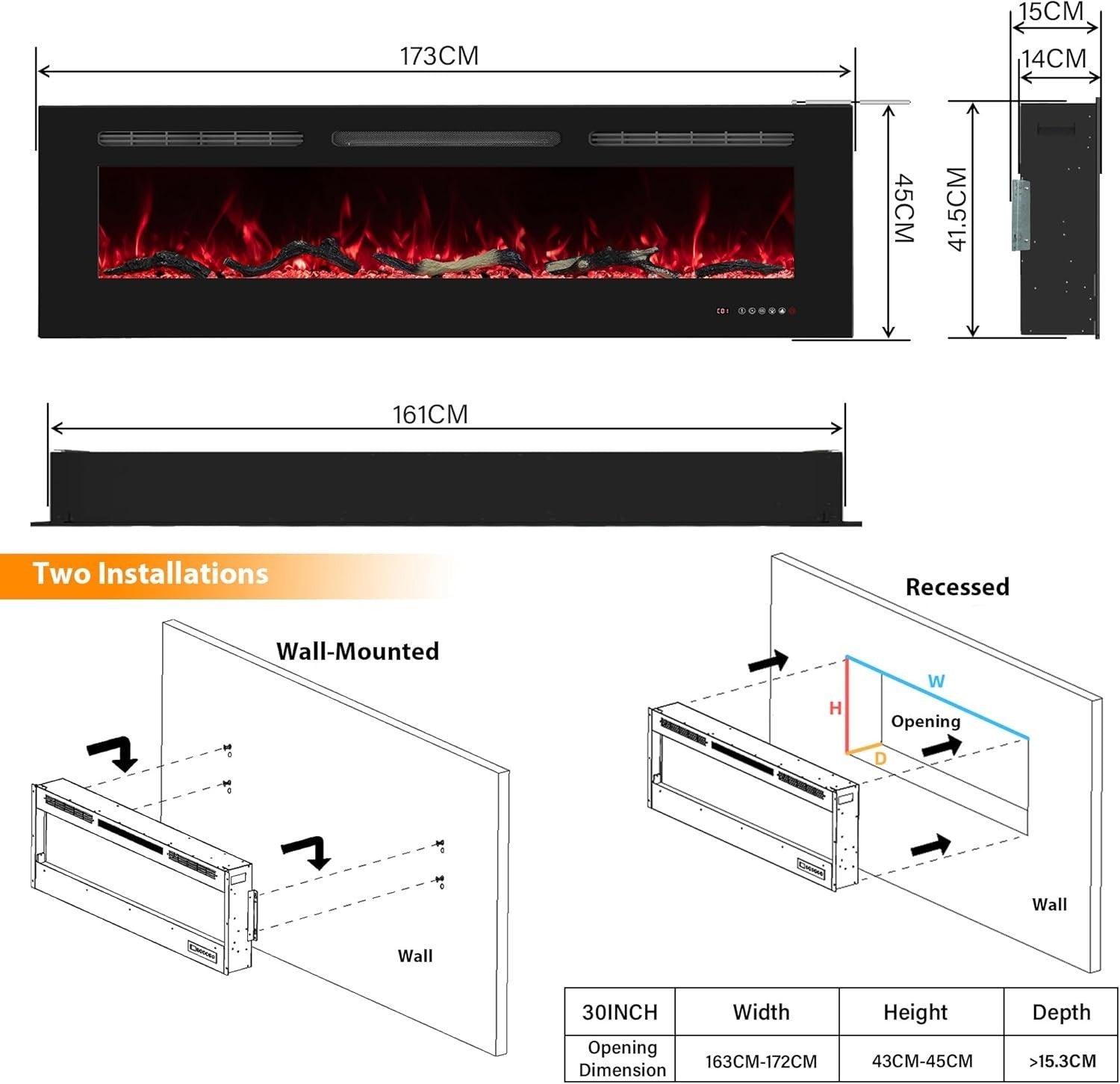 172cm Wall Mounted Electric Fireplace Heater LED Flame Timer Remote
