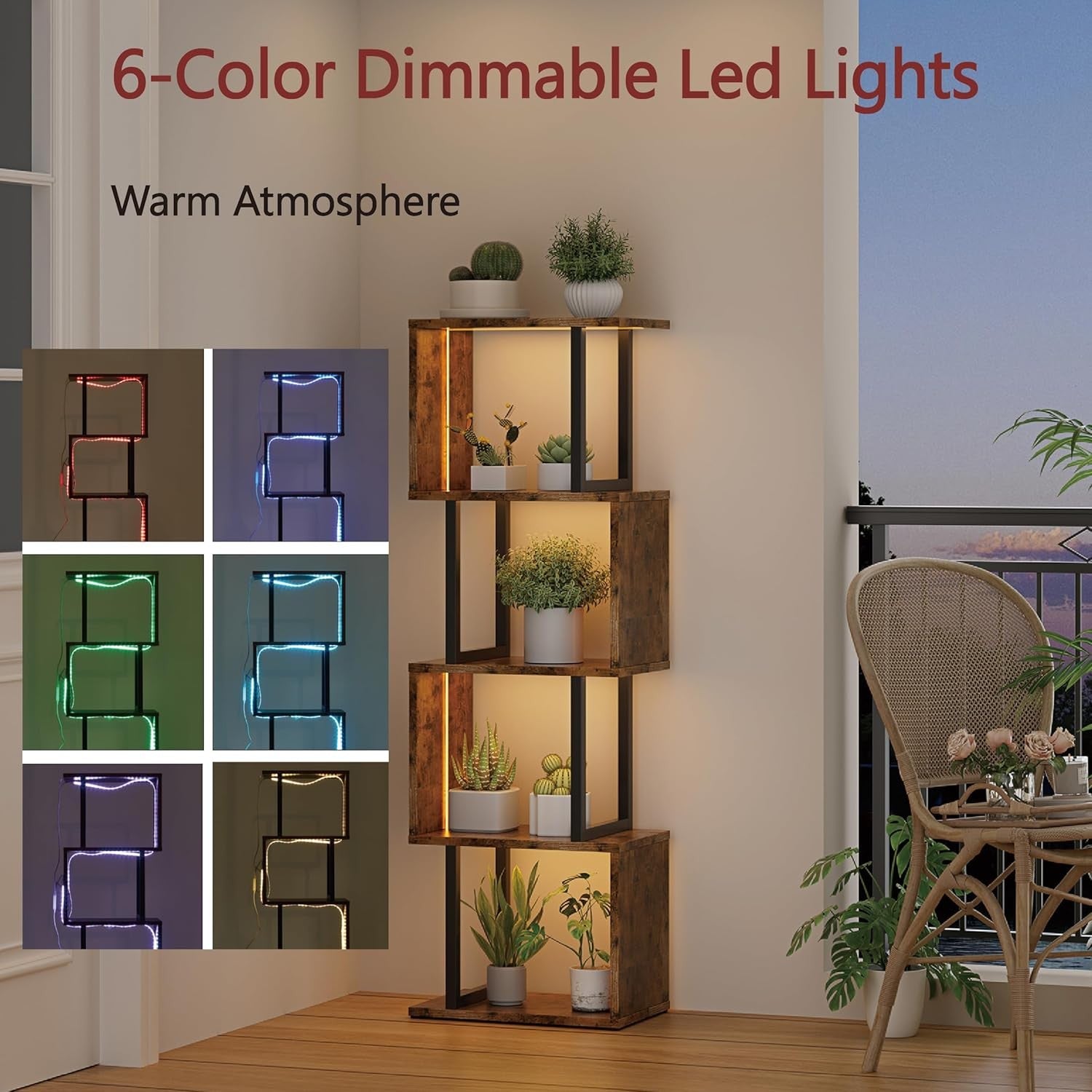 5-Tier S-Shaped Bookcase with LED Lights Rustic Brown Display Storage Shelf Unit