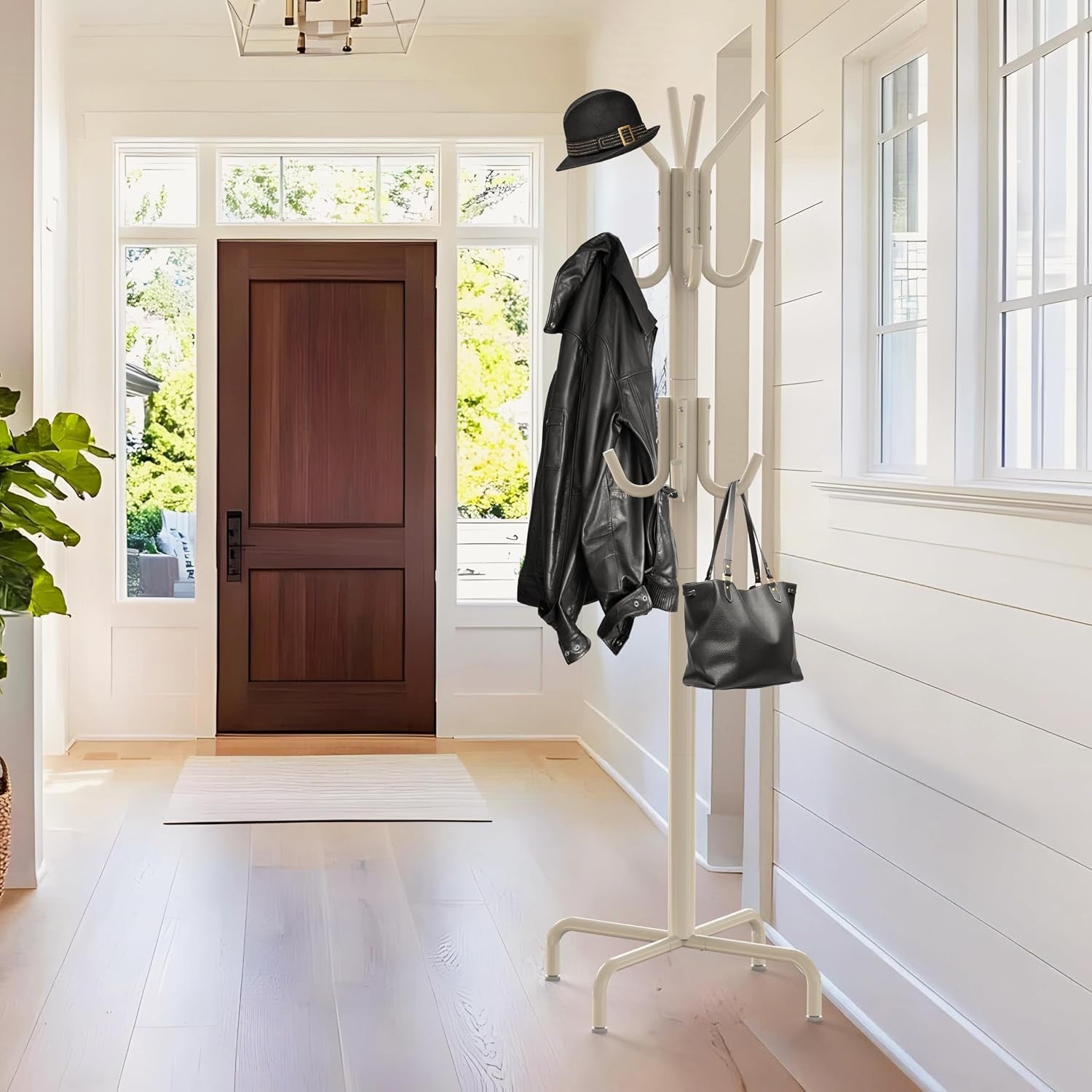 White Metal Standing Coat Rack | 12 Hook Freestanding Clothes & Hat Organizer