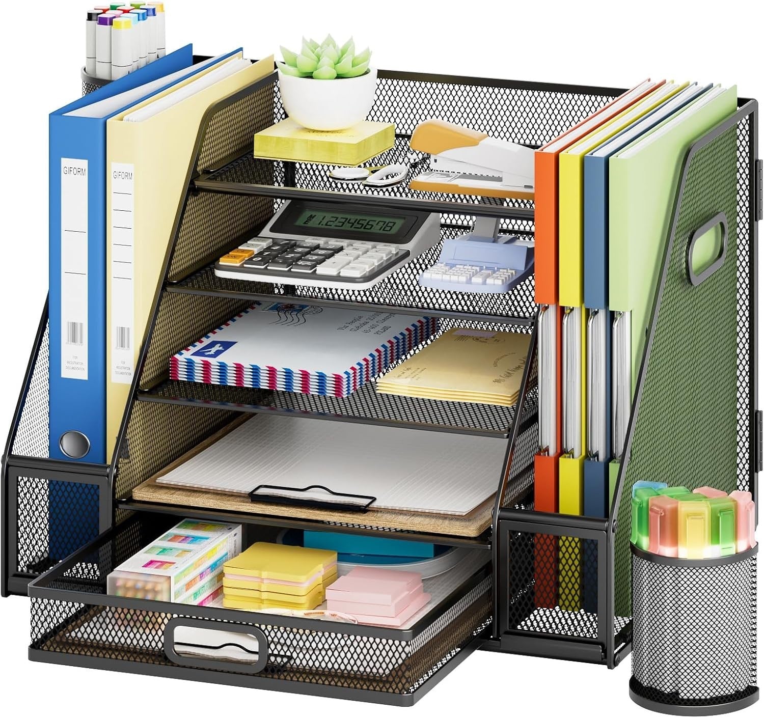 5-Tier Desk Organiser with Drawer & Pen Holders Bilateral Mesh Storage