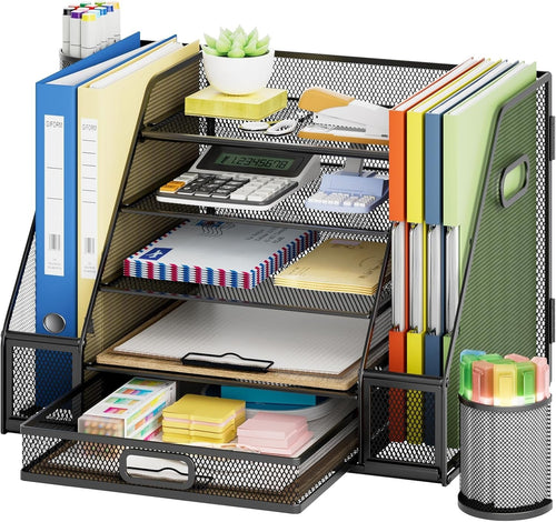 5-Tier Desk Organiser with Drawer & Pen Holders Bilateral Mesh Storage