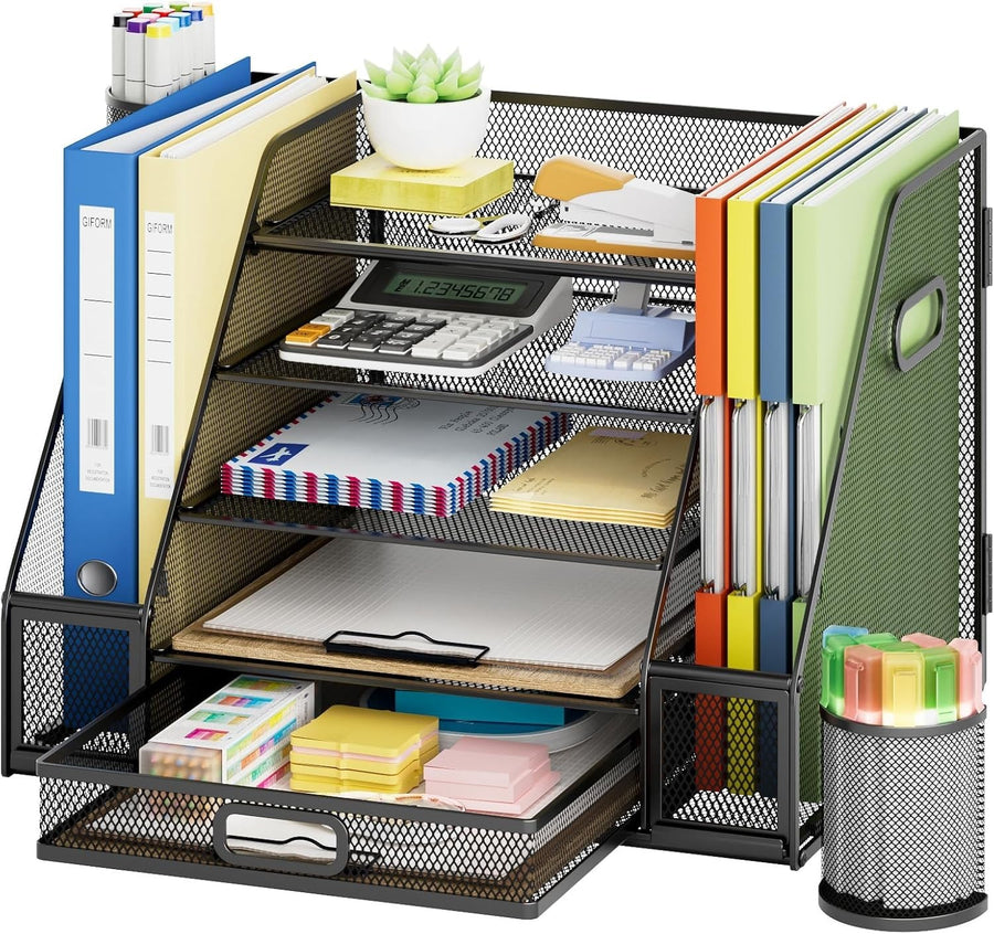 5-Tier Desk Organiser with Drawer & Pen Holders Bilateral Mesh Storage