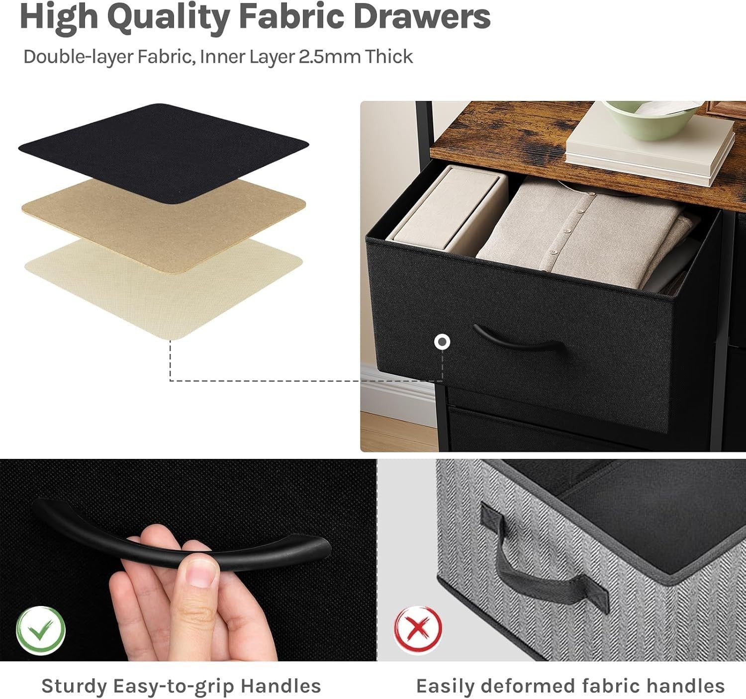 8 Drawer Fabric Chest with USB Ports Power Strip Rustic Black Storage Unit