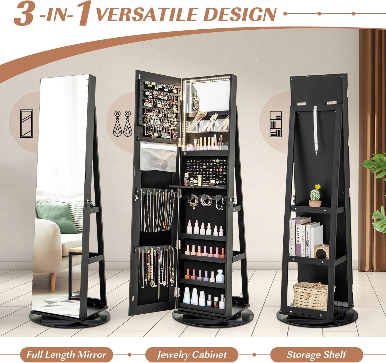 360° Swivel Jewelry Armoire Lockable Full Length Mirror LED Storage Black