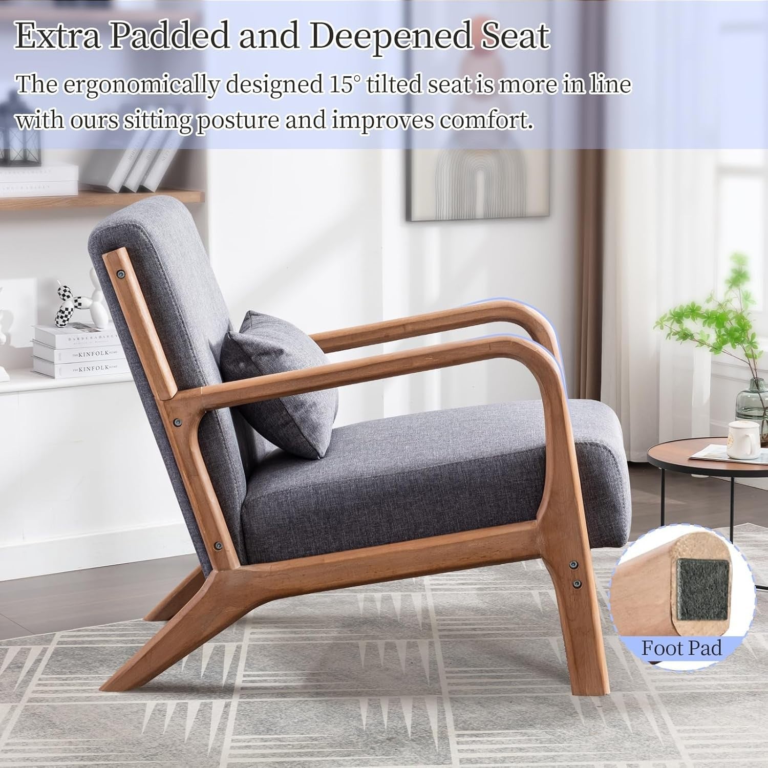 Modern Mid-Century Accent Armchair Grey High Back Foam Cushion Wood Legs