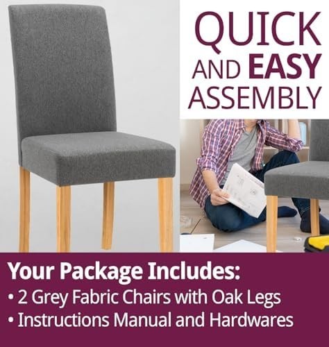 Modern Grey Fabric Dining Chairs Set of 2 with Solid Wooden Legs Kitchen Seats