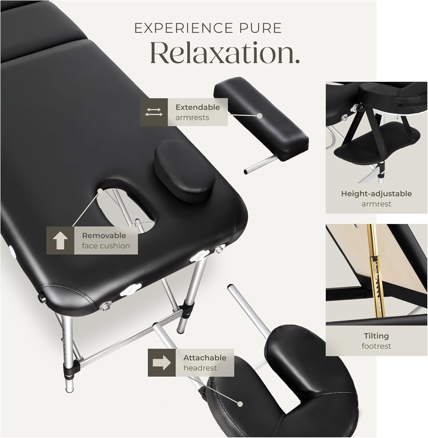Portable 3 Section Massage Table Foldable Aluminium Beauty Spa Bed 61cm Black