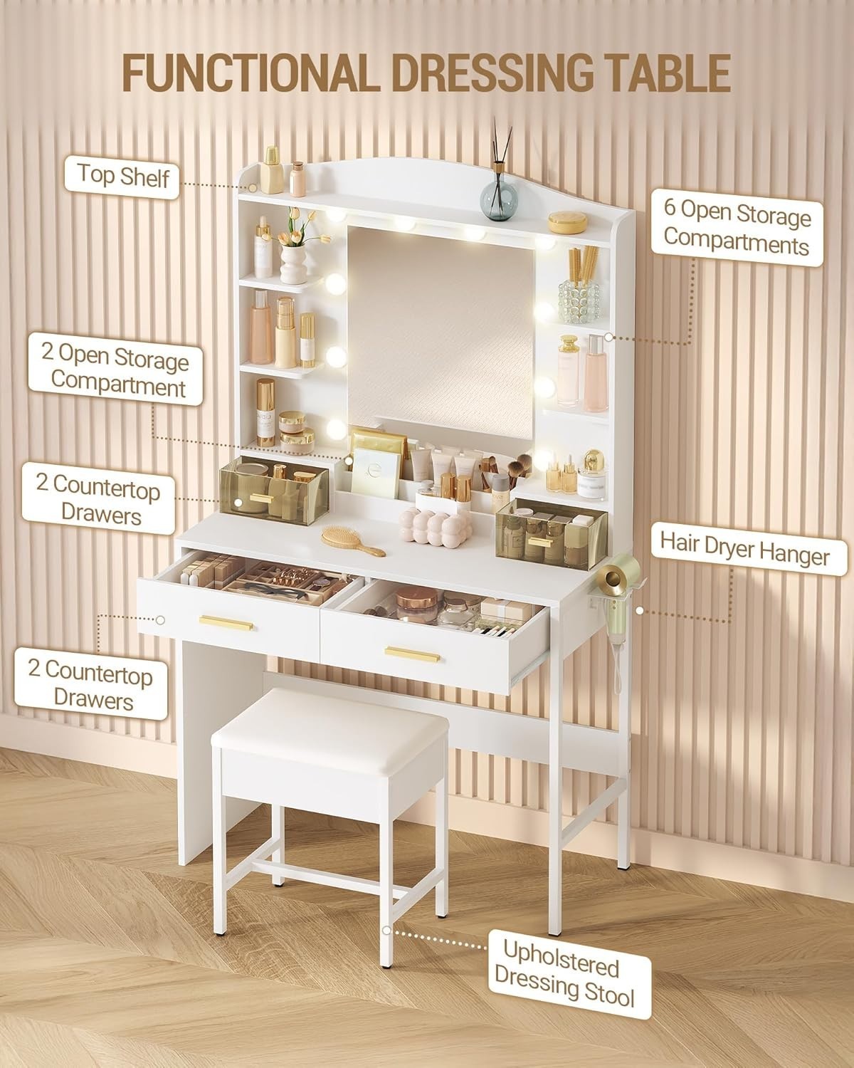 Vanity Makeup Dressing Table Set w/ Lighted Mirror, 4 Drawers, Modern White