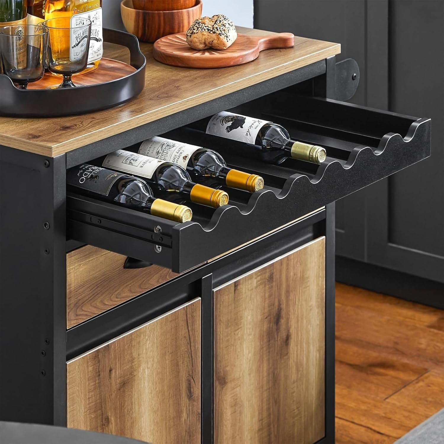 Vintage Brown Kitchen Trolley with Wine Rack, Drawers & Mobile Storage Cabinet