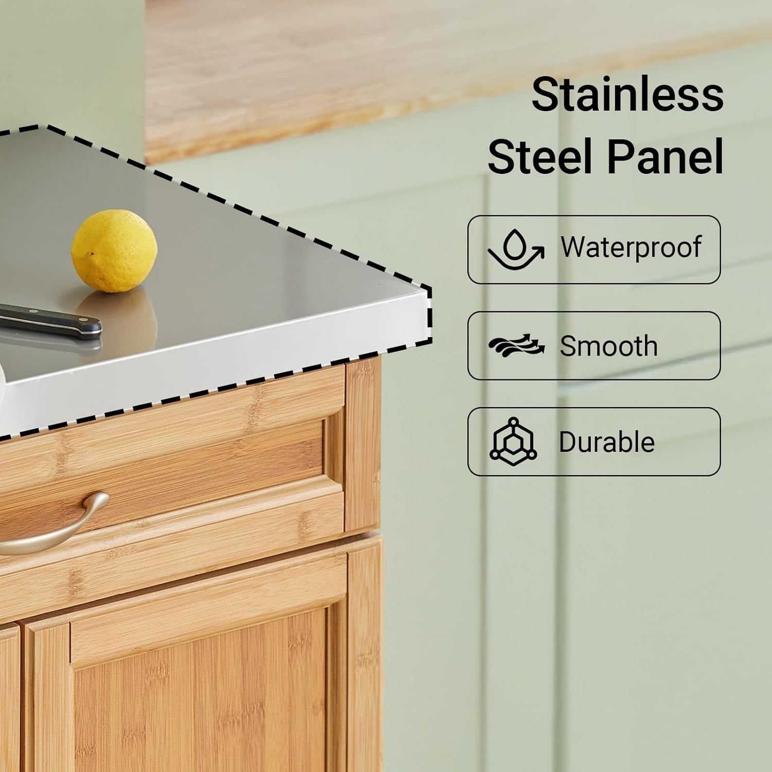 Bamboo Kitchen Trolley Stainless Steel Top Storage Cart