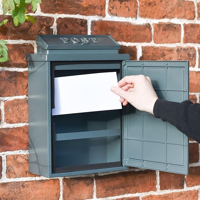 Secure Wall Mounted Post Box Grey Steel A4 Flap Lockable Outdoor Mailbox