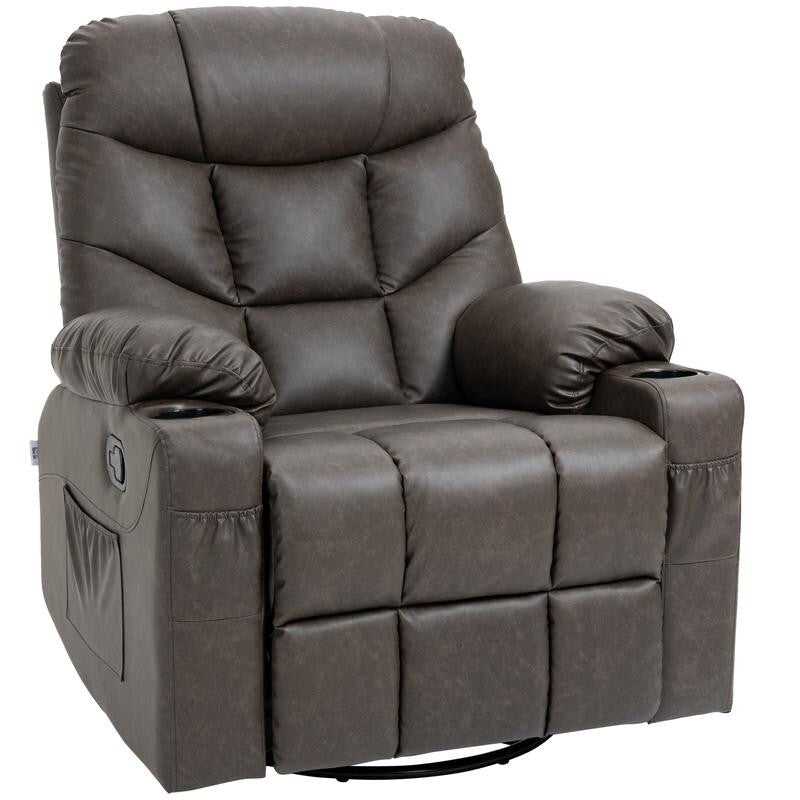 PU Leather Recliner Armchair Swivel Chair w/ Footrest, Cup Holders, Brown