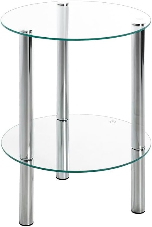 Modern Round Chrome Metal End Table with Tempered Glass Shelf 47x35cm