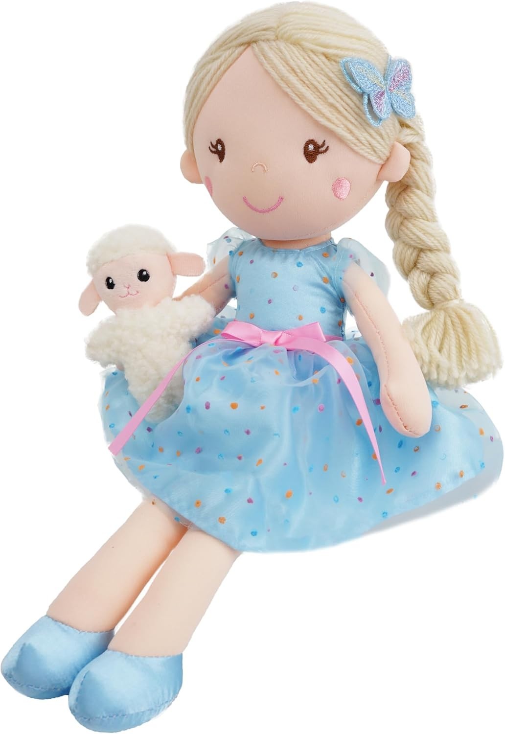 38cm Plush Doll with Lamb Companion Soft Cuddly Toy Blue Dress Gift Kids