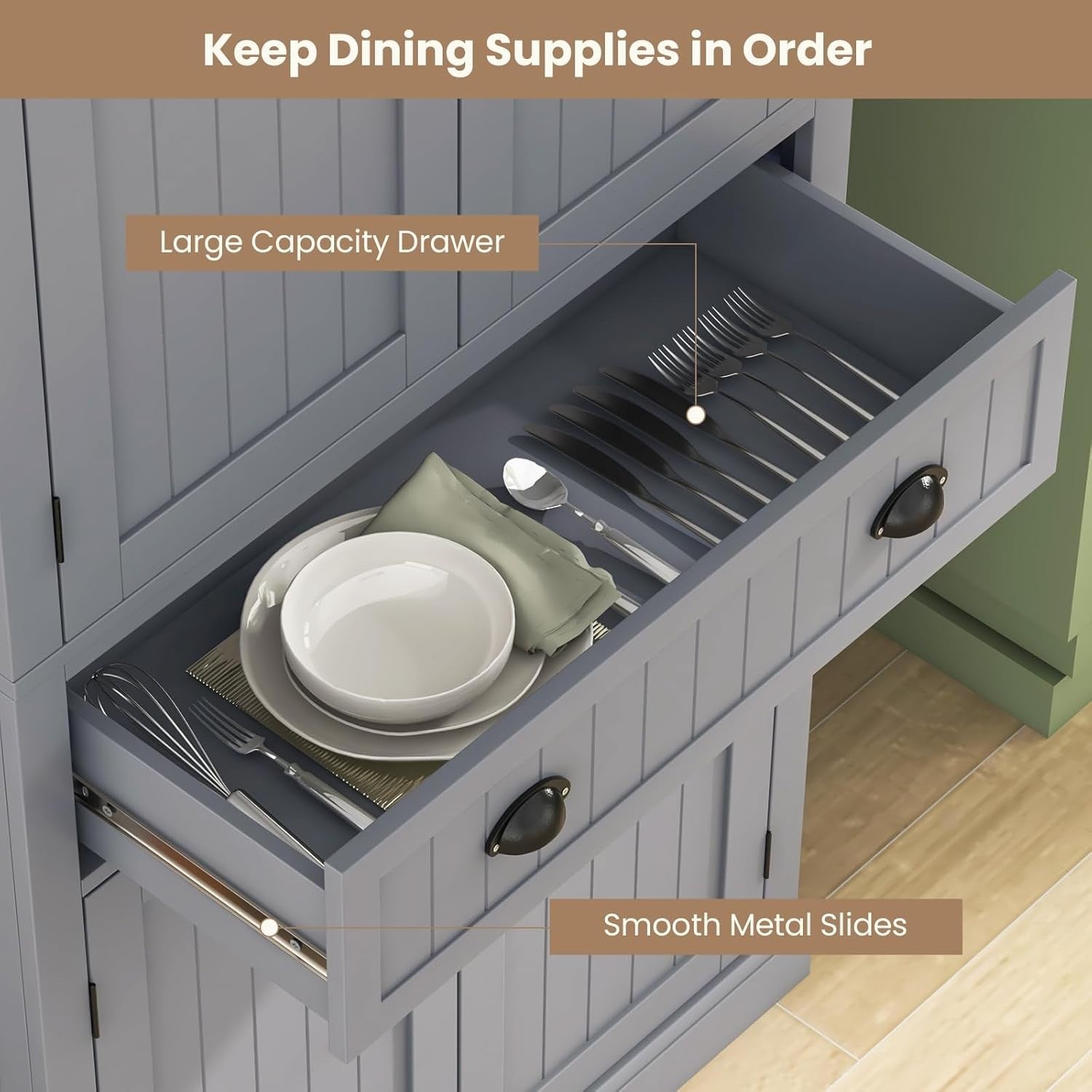 182cm Grey Kitchen Pantry Cupboard | 4 Adjustable Shelves & Drawer