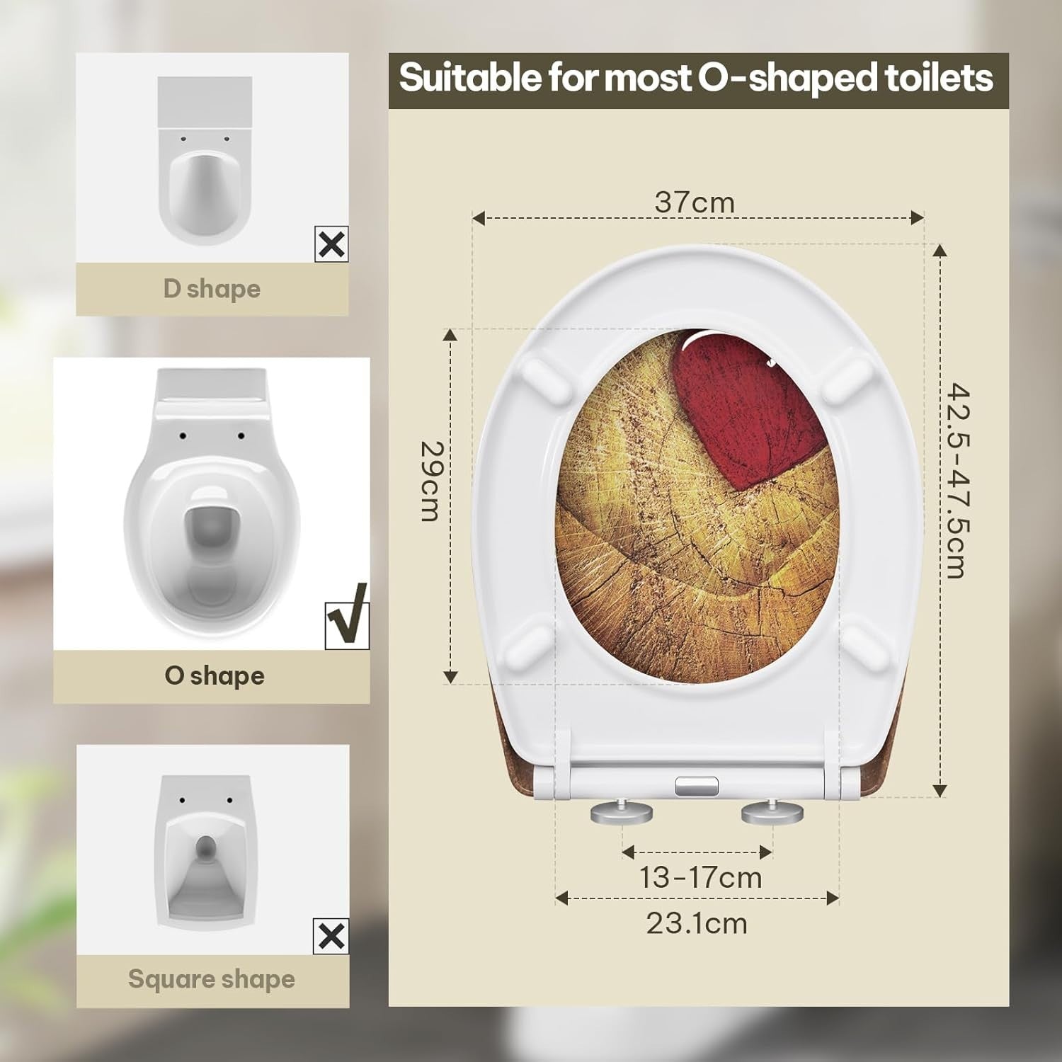 Soft Close O-Shaped Toilet Seat Quick Release Duroplast Rustic Wood Heart Print