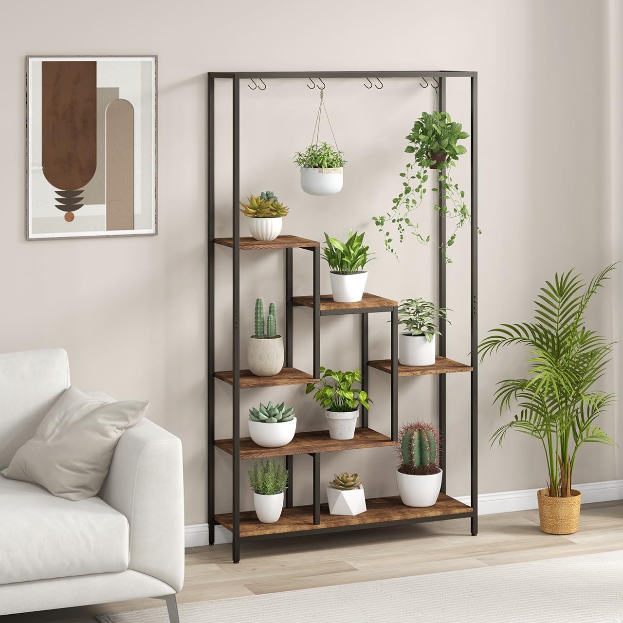 6 Tier Metal Plant Stand Rustic Brown Tall Flower Shelf with Hooks for Indoor De