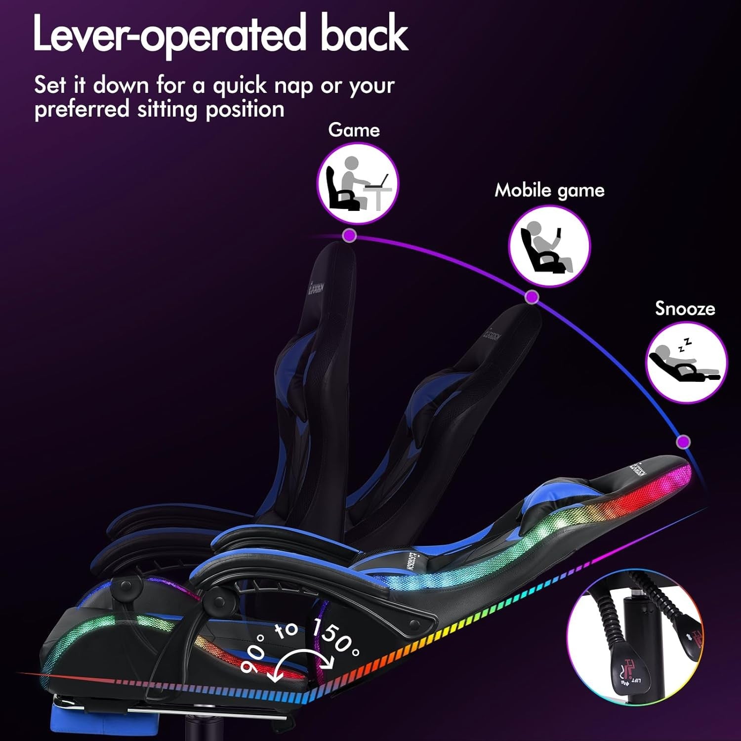 LED Gaming Chair Blue RGB Massage Recliner w/ Footrest 150° Swivel