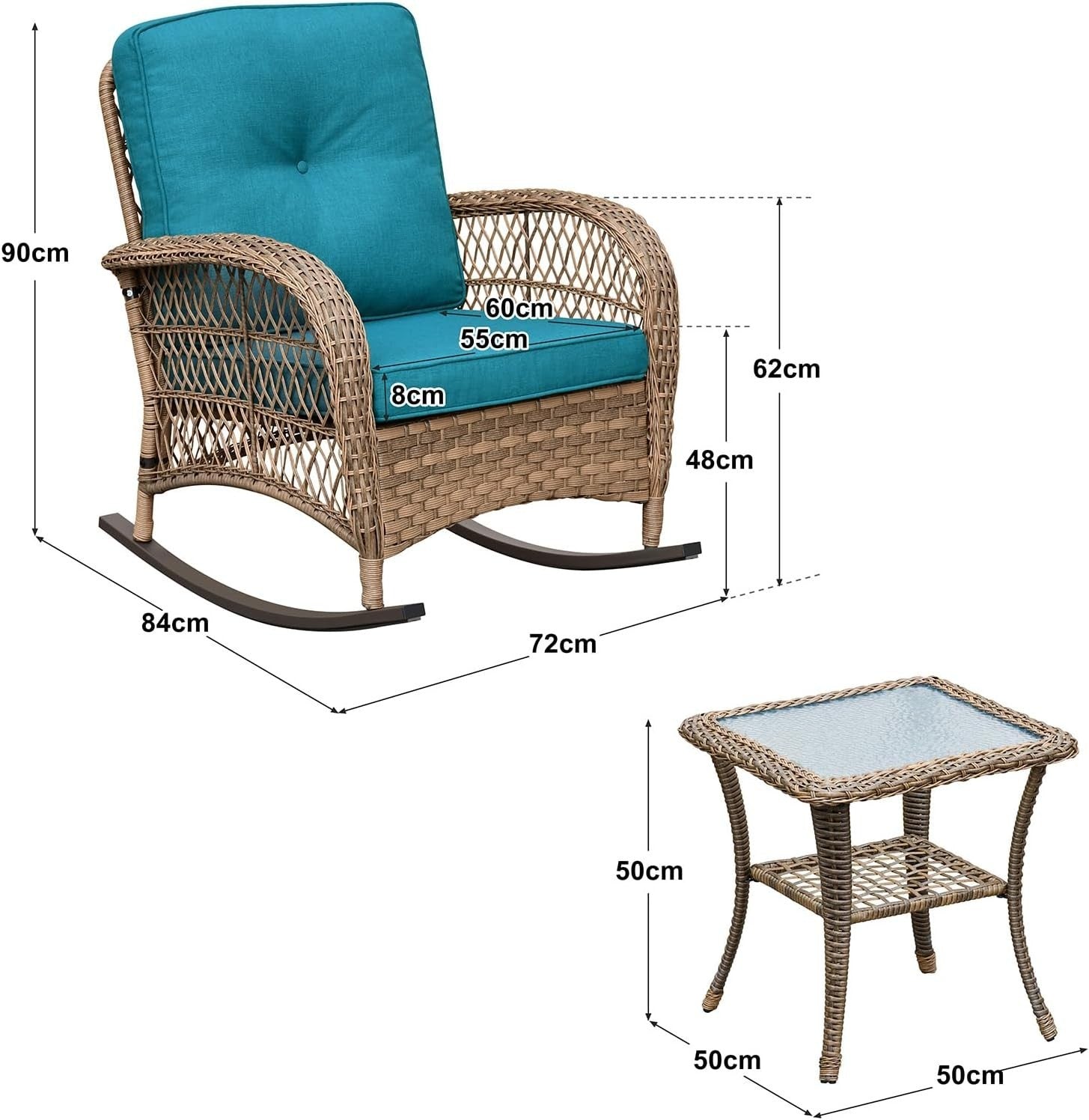 2 Seat Rattan Rocking Bistro Set w/ Table & Turquoise Cushions for Patio