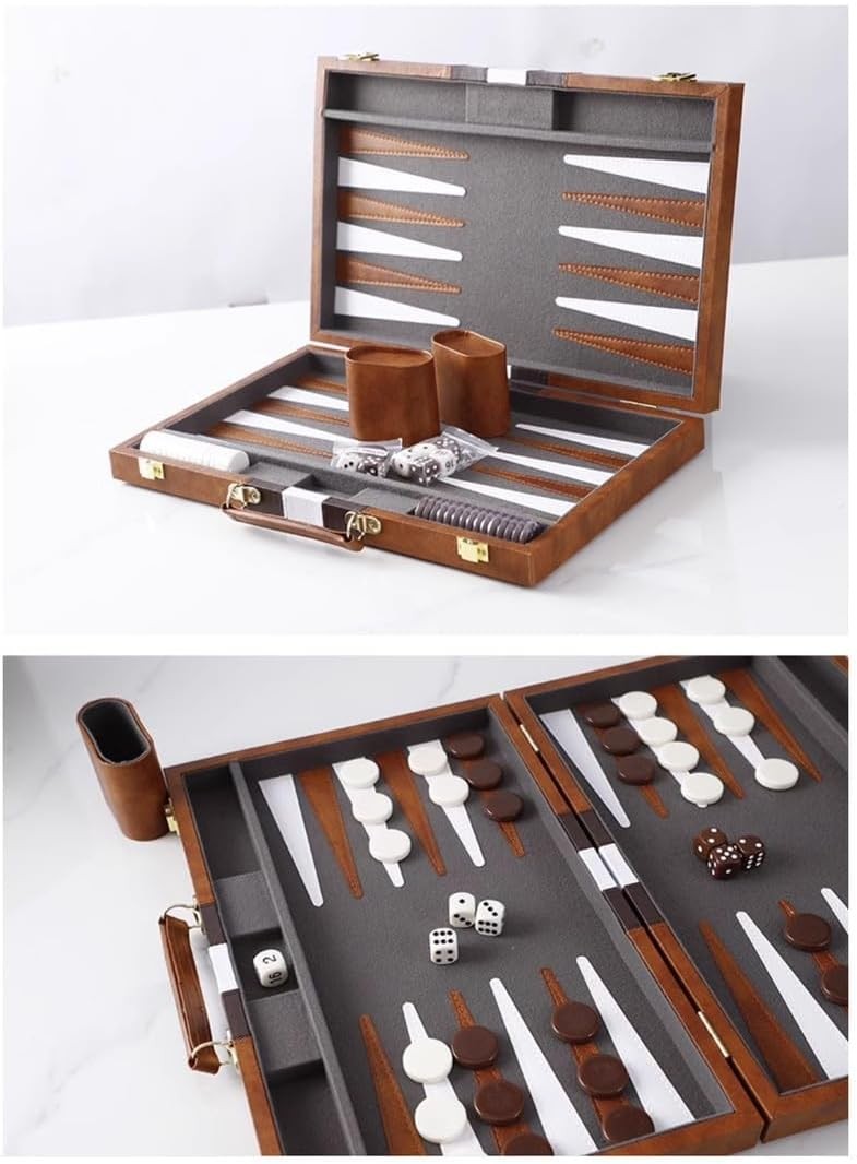 15” Backgammon Set Travel Leather Case Folding Board Luxury Strategy Game