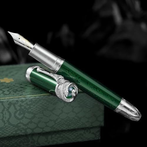Emerald Green Piston Fountain Pen Extra Fine Nib Snake Engraved Gift Set