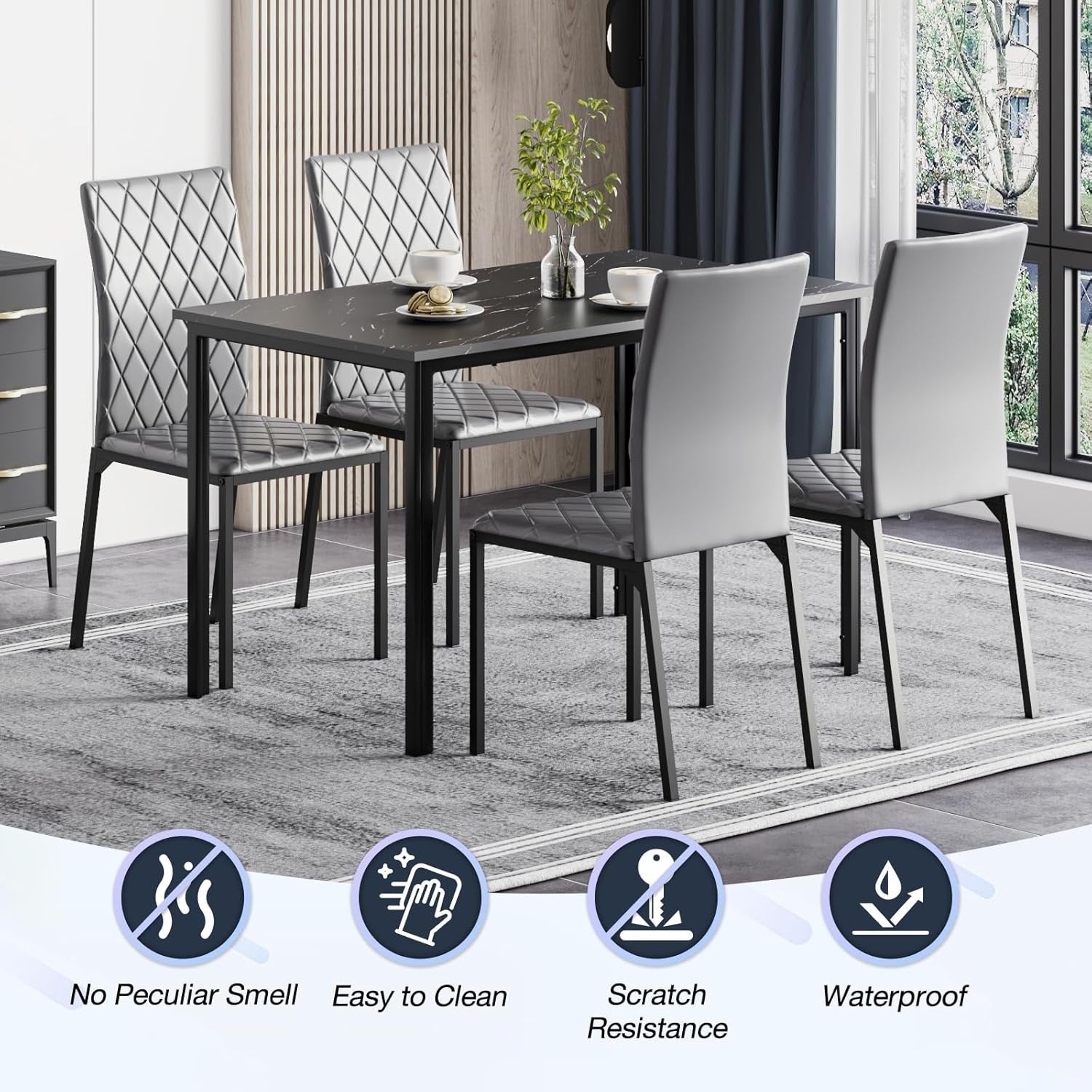 Modern Marble Effect Dining Table Set 4 PU Leather Chairs Kitchen Grey