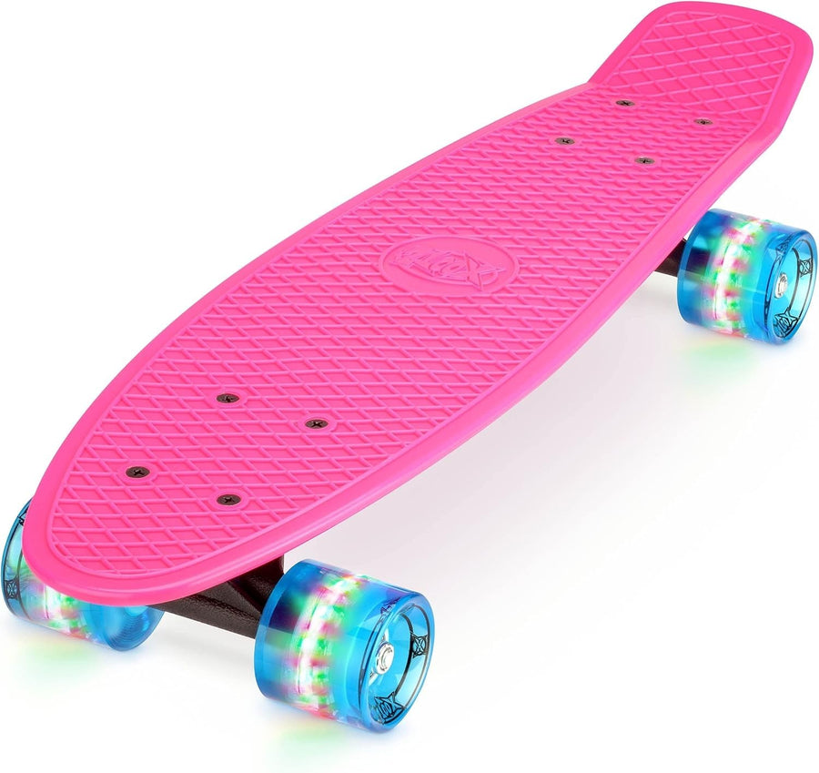 22in Pink Retro Mini Cruiser Skateboard LED Wheels Kids Beginner Board