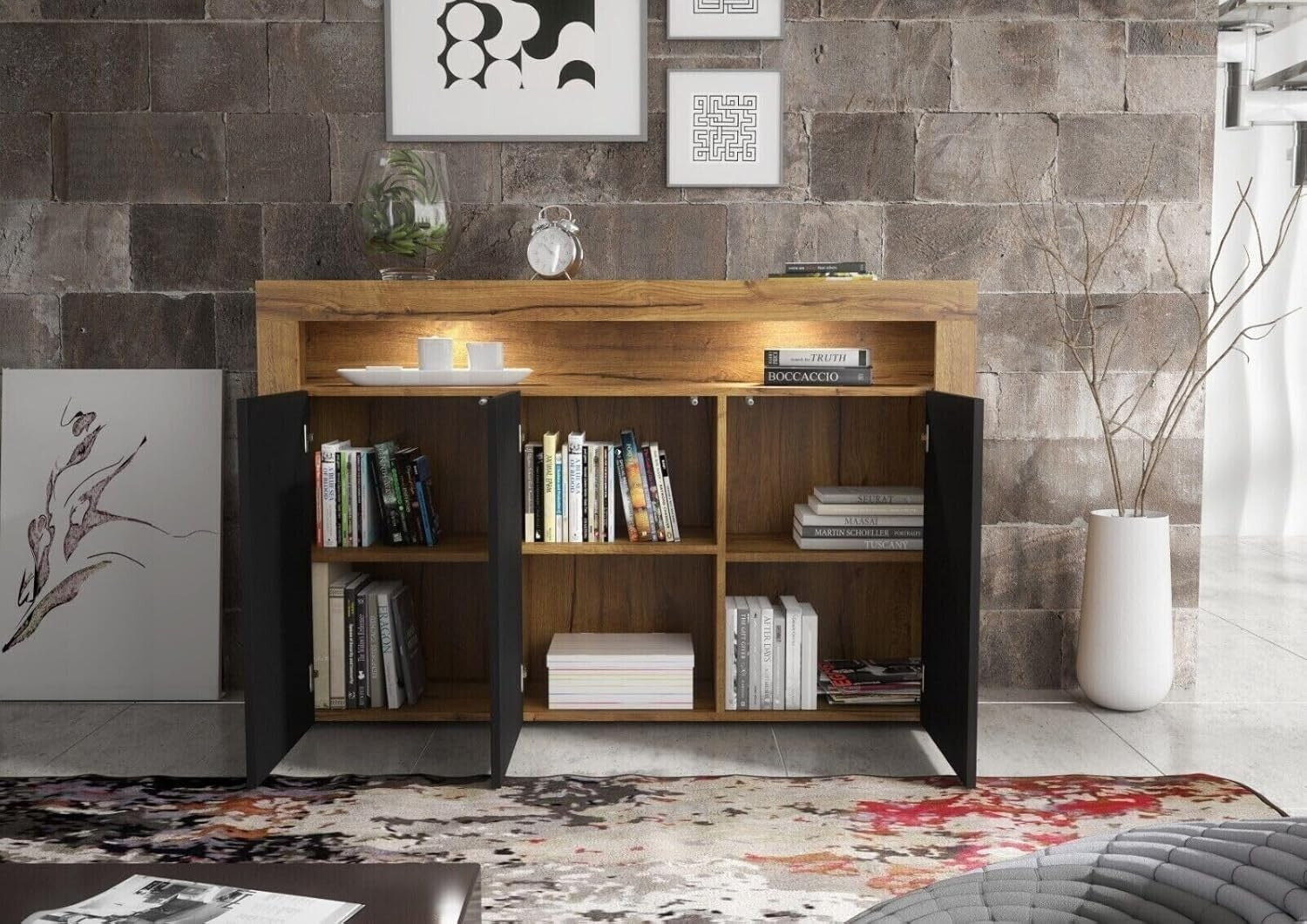 Modern 155cm Sideboard Dark Oak Black Matt Doors LED Storage Cabinet