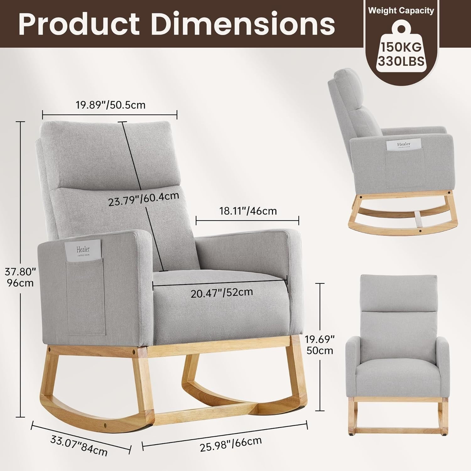 Ergonomic High Back Nursing Rocker with Side Storage & Sturdy Wooden Base