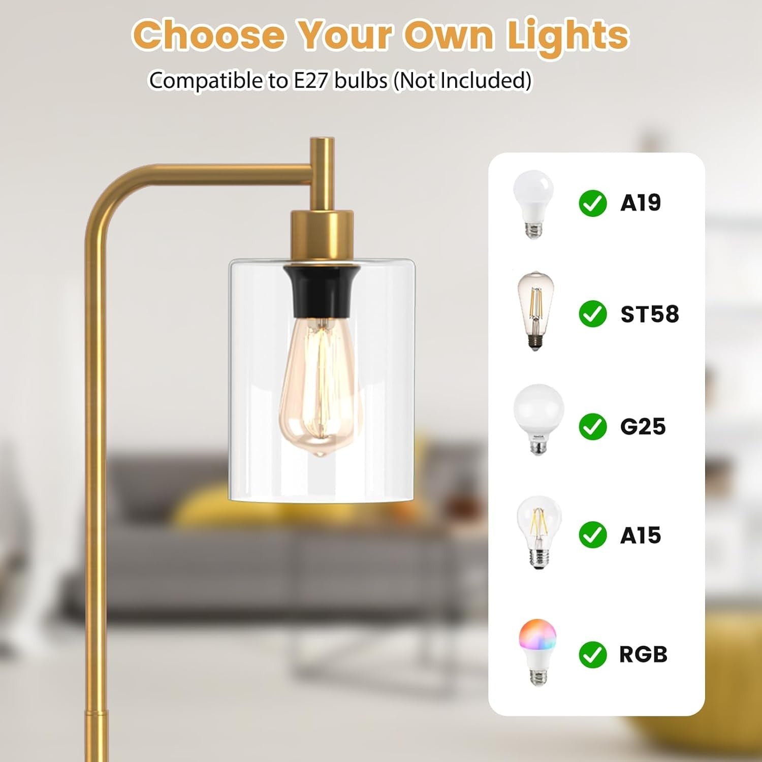 Industrial Floor Lamp Glass Shade Gold Tall Standing Light Foot Switch