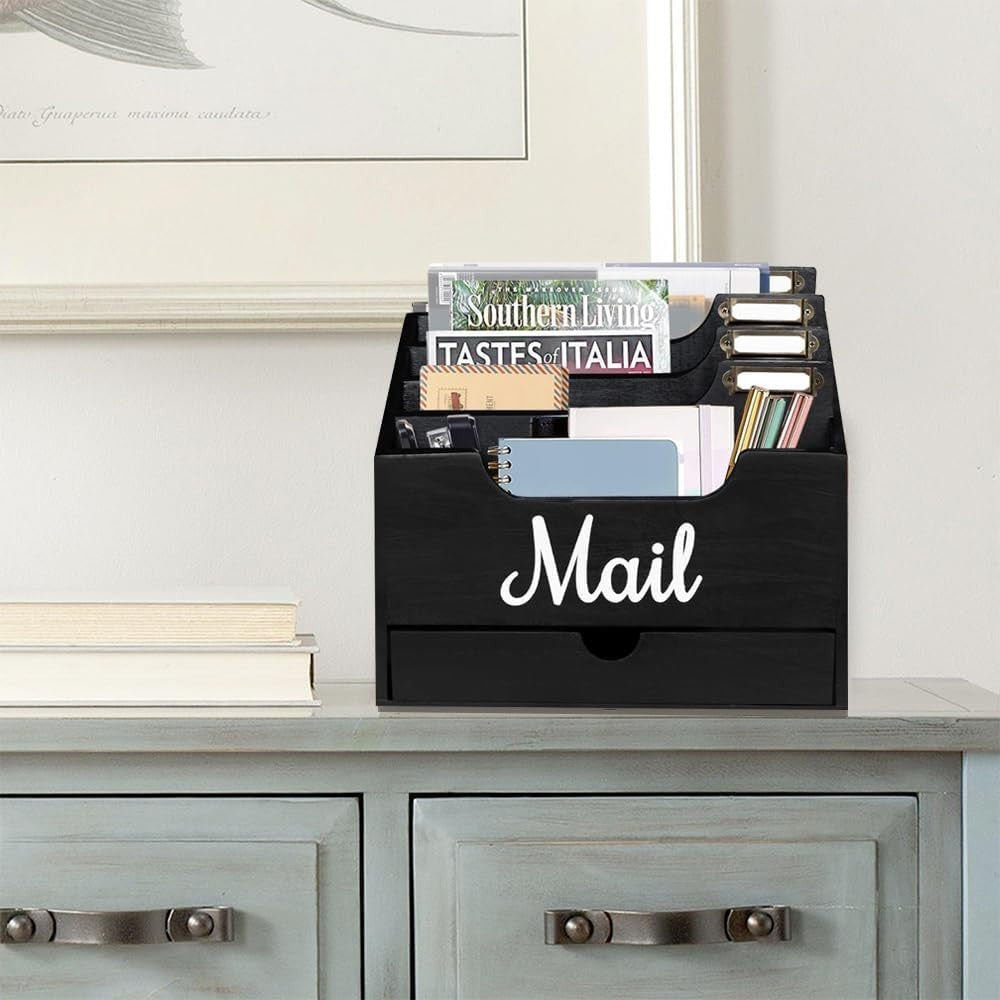 Black Wood Desktop Mail Organizer with 4 Compartments & Drawer