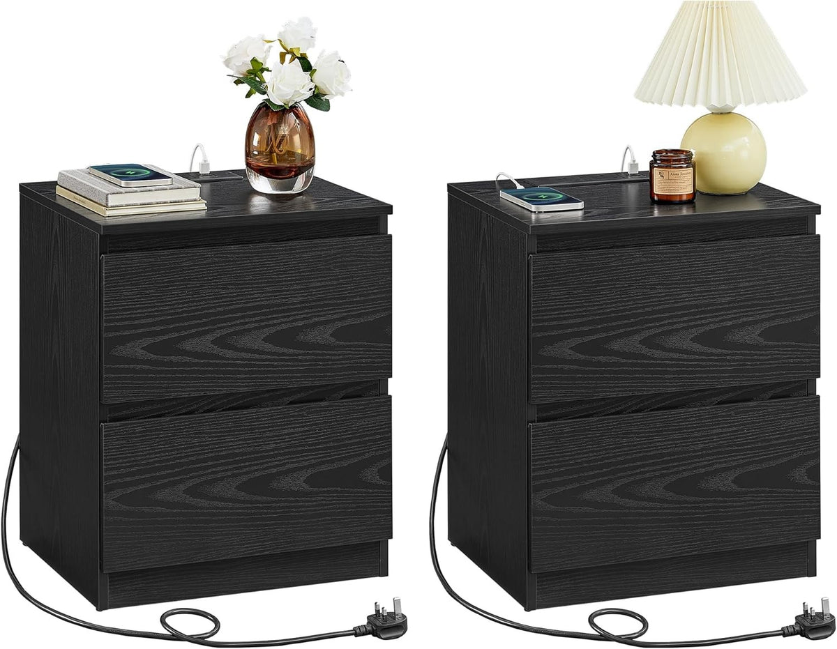 Black Bedside Tables Set of 2 with Charging Ports, 3 Drawers, Modern Storage