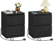 Black Bedside Tables Set of 2 with Charging Ports, 3 Drawers, Modern Storage