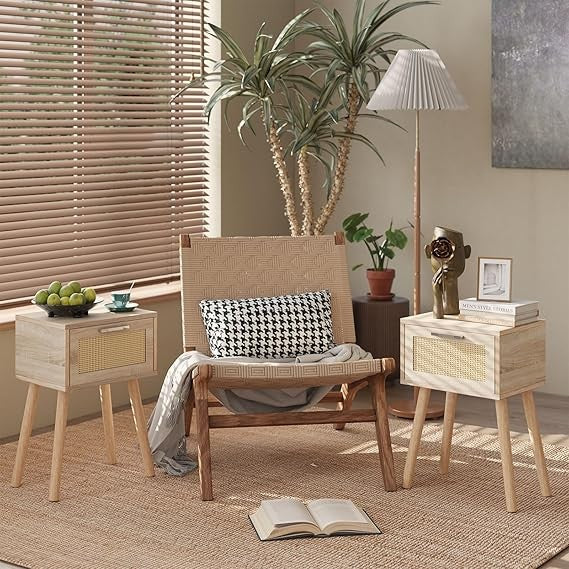 Set of 2 Natural Bedside Tables with Rattan Drawer & Wood Legs, Modern