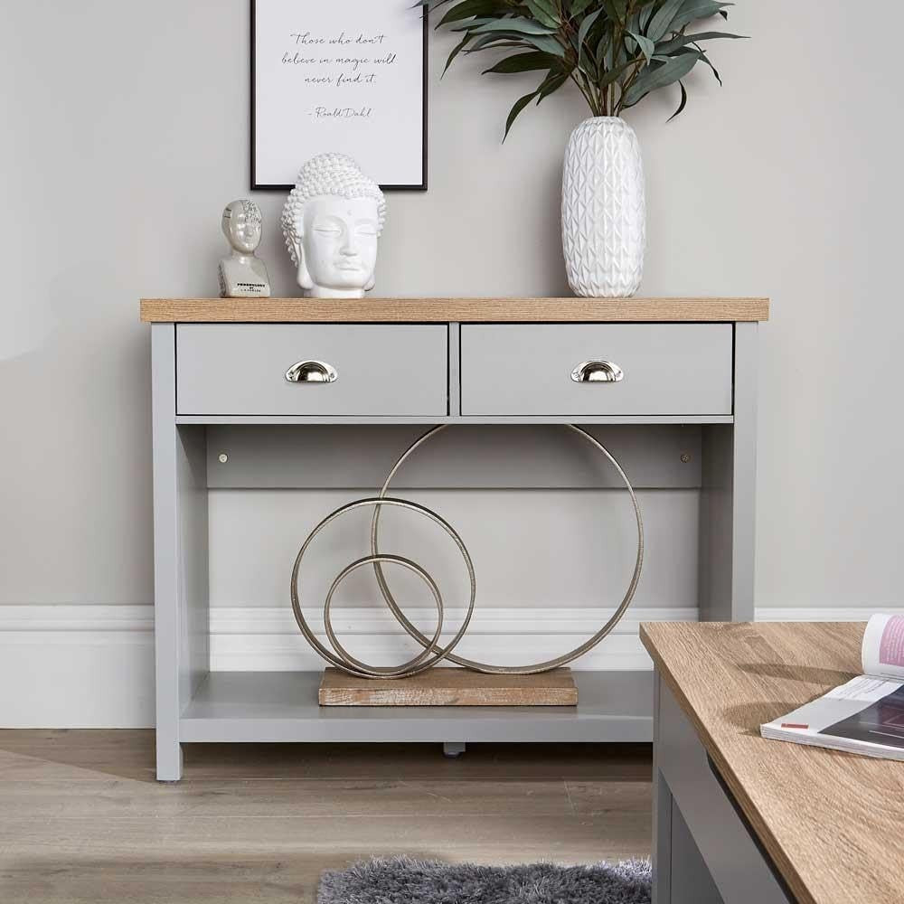 Grey Console Table with 2 Drawers & Shelf – Hallway Sideboard 72cm Oak Top