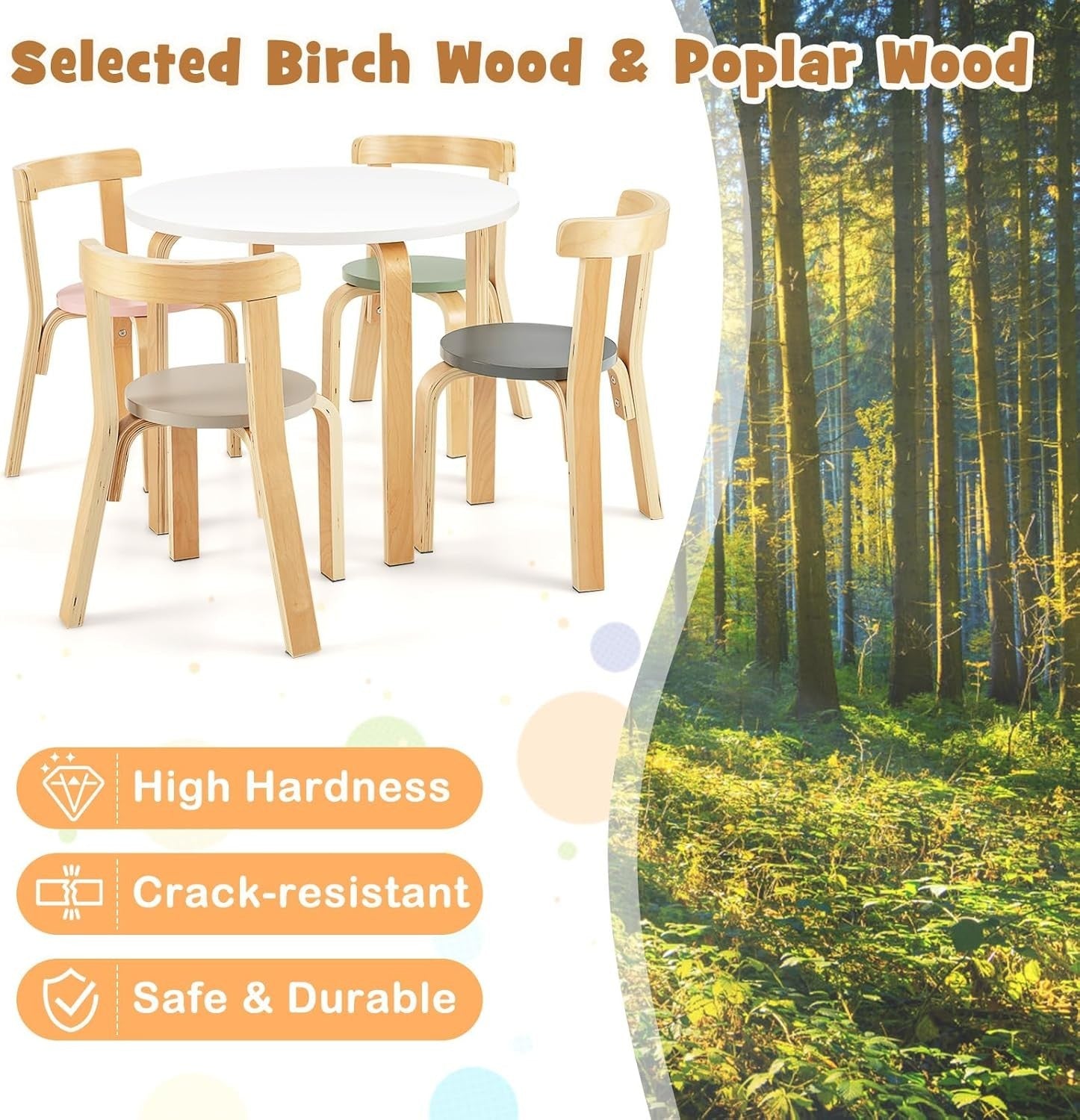 Kids Wooden Round Table & 4 Chairs Set Multicolor Ergonomic Playroom Desk