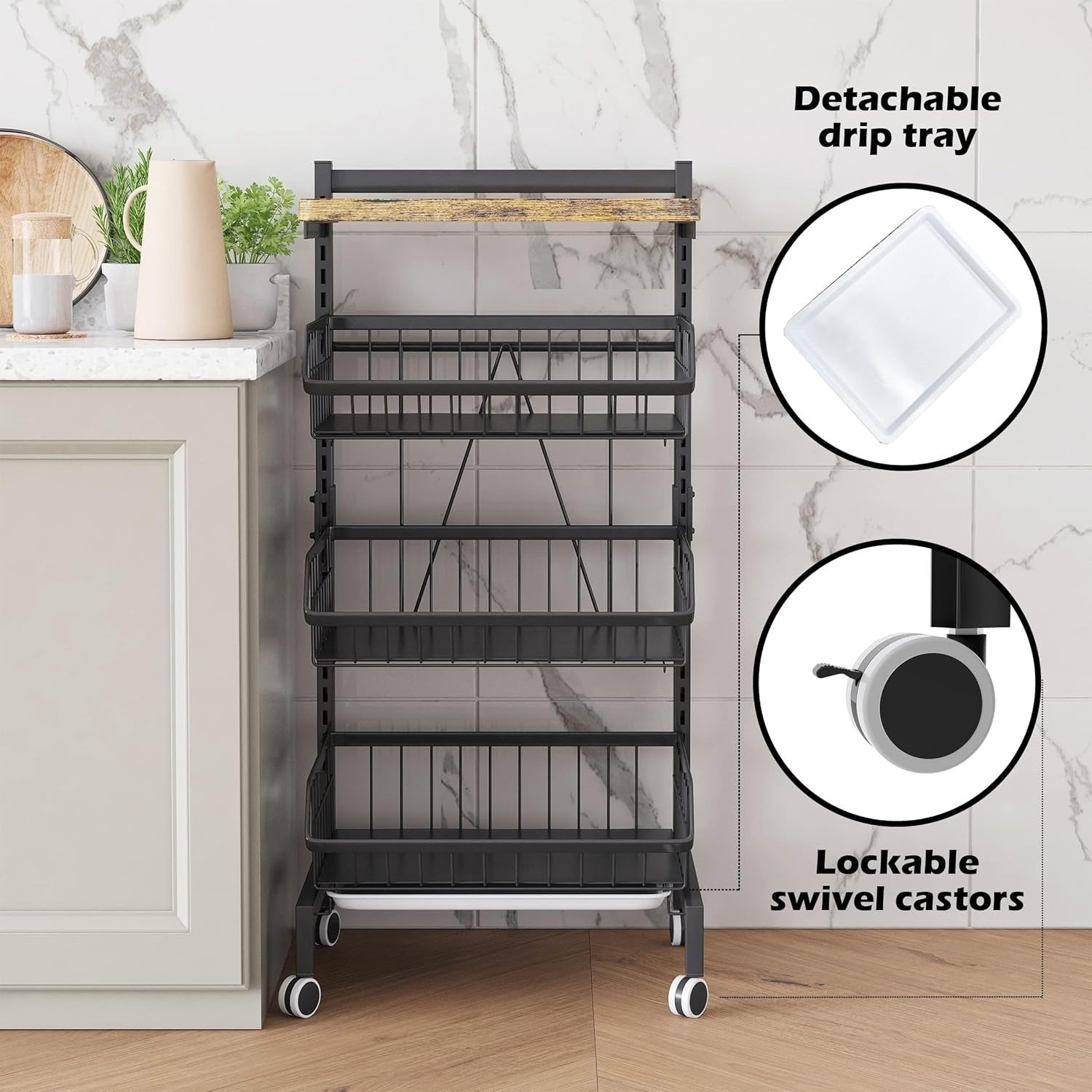 4 Tier Rolling Kitchen Trolley Vegetable Fruit Storage Cart Black