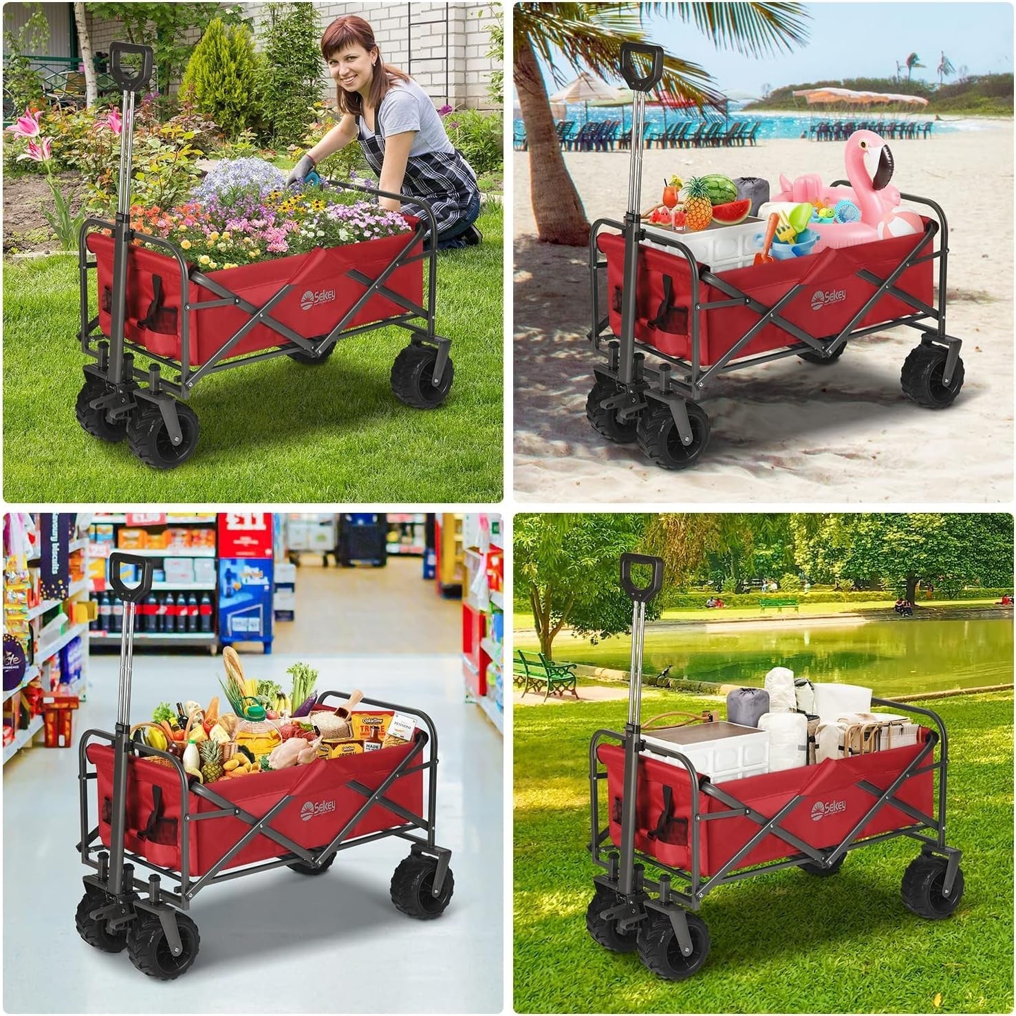 Red 440lb Heavy Duty Folding Wagon Trolley w/ Wide All-Terrain Wheels & Brake