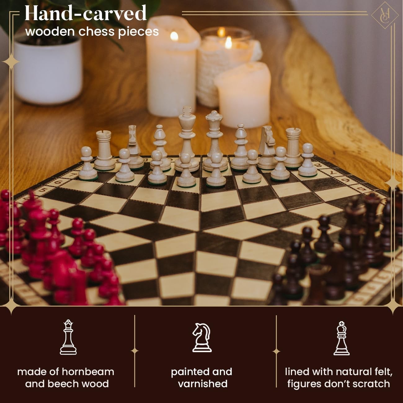 XL 3-Player Wooden Chess Set 54×47cm Handcrafted Board Travel Table Game