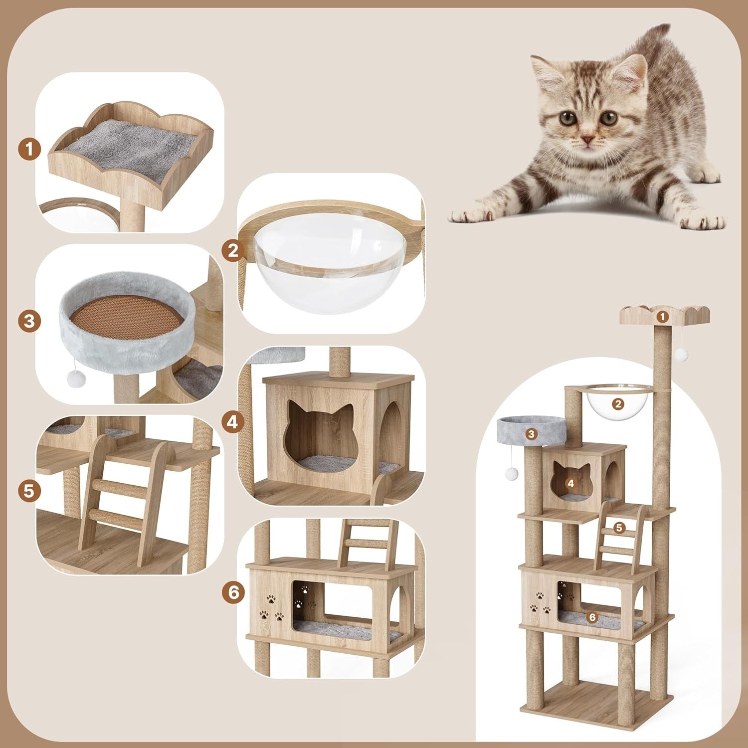 Large Cat Tree Tower 184cm Multi Level Wooden Condo Capsule Scratching Posts