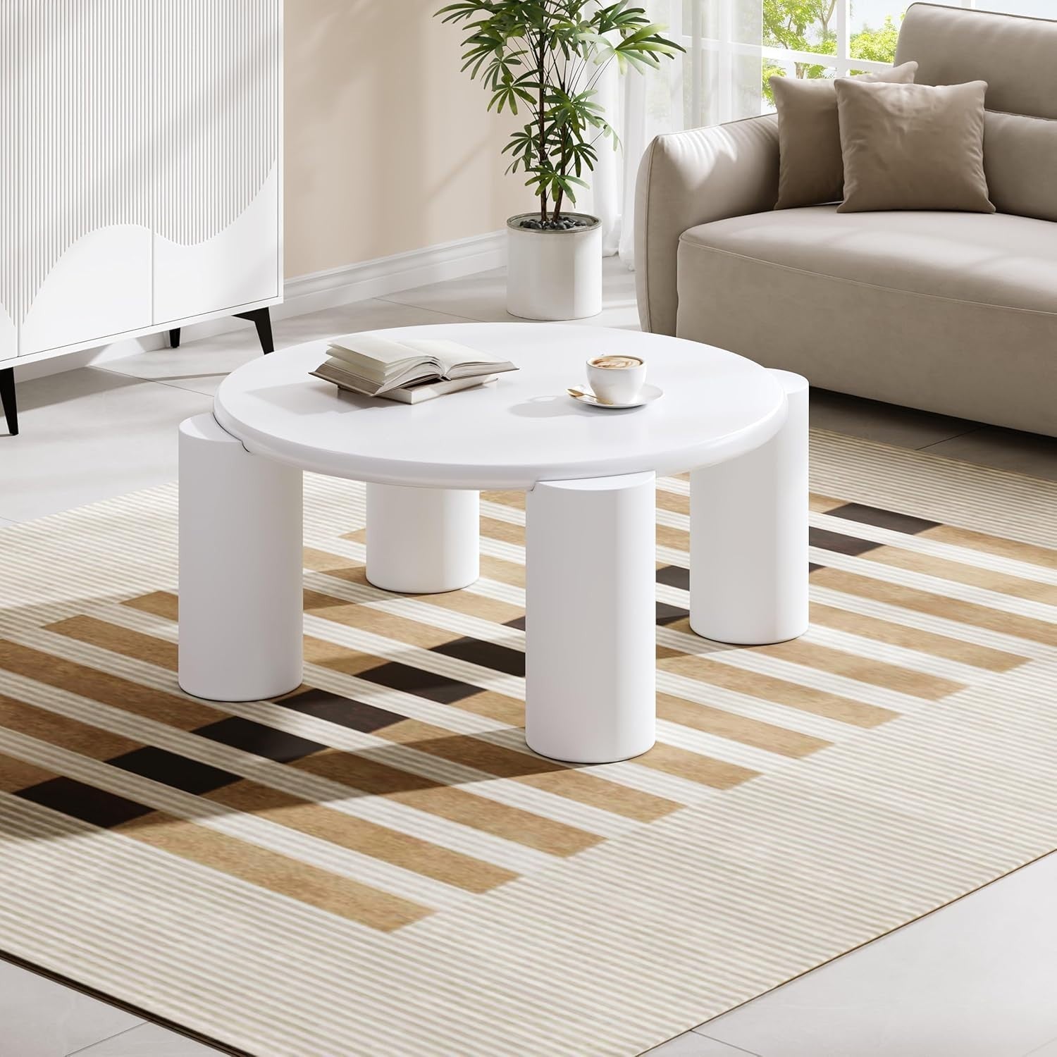 Round White Wooden Coffee Table, Stylish Modern Design, Sturdy & Space-Saving