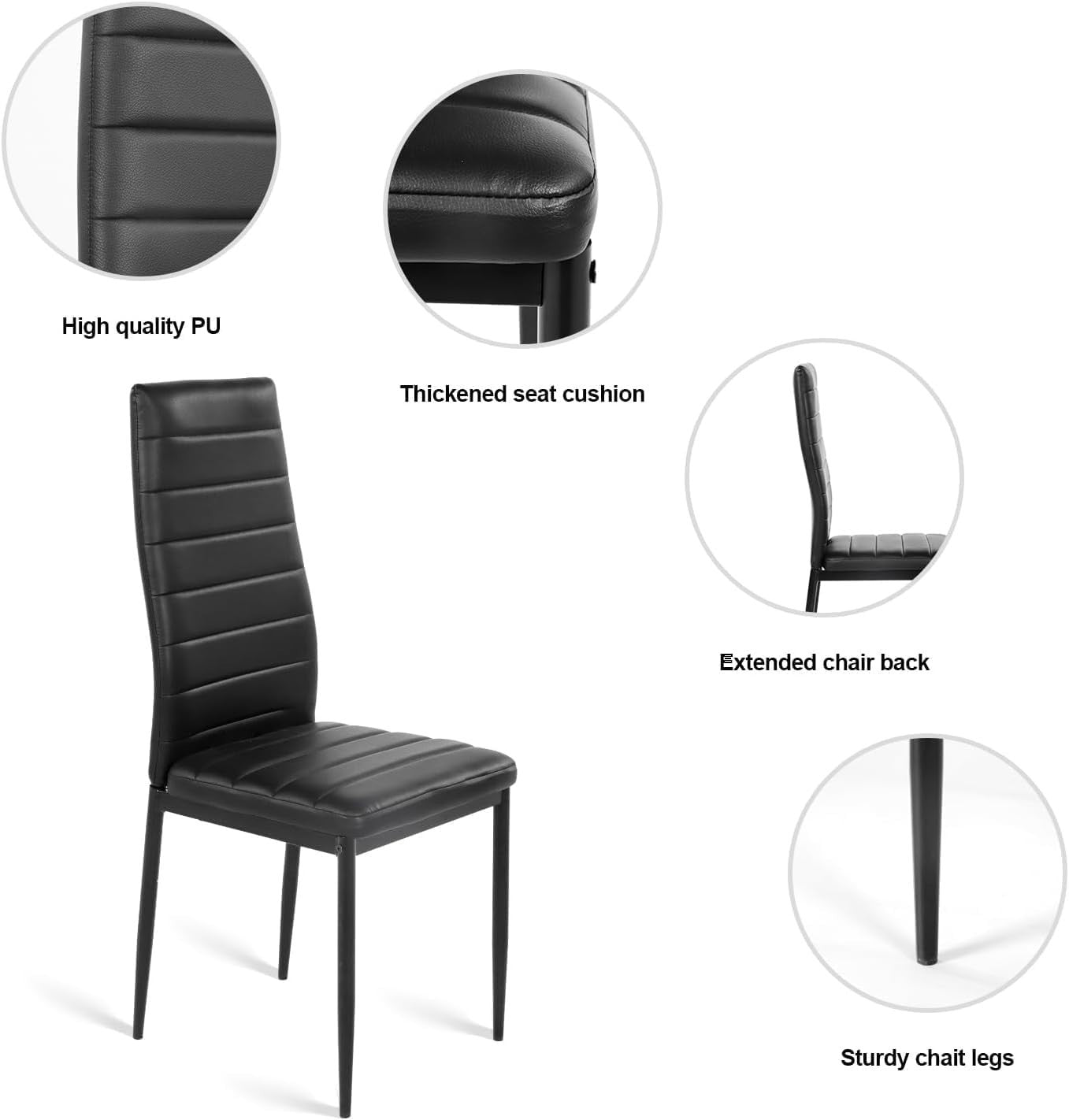 Modern 2-Seater Black Glass Dining Table with Faux Leather Chairs