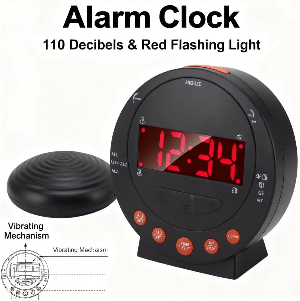 Extra Loud Alarm Clock 110dB Bed Shaker Vibrating Flash Light Heavy Sleepers