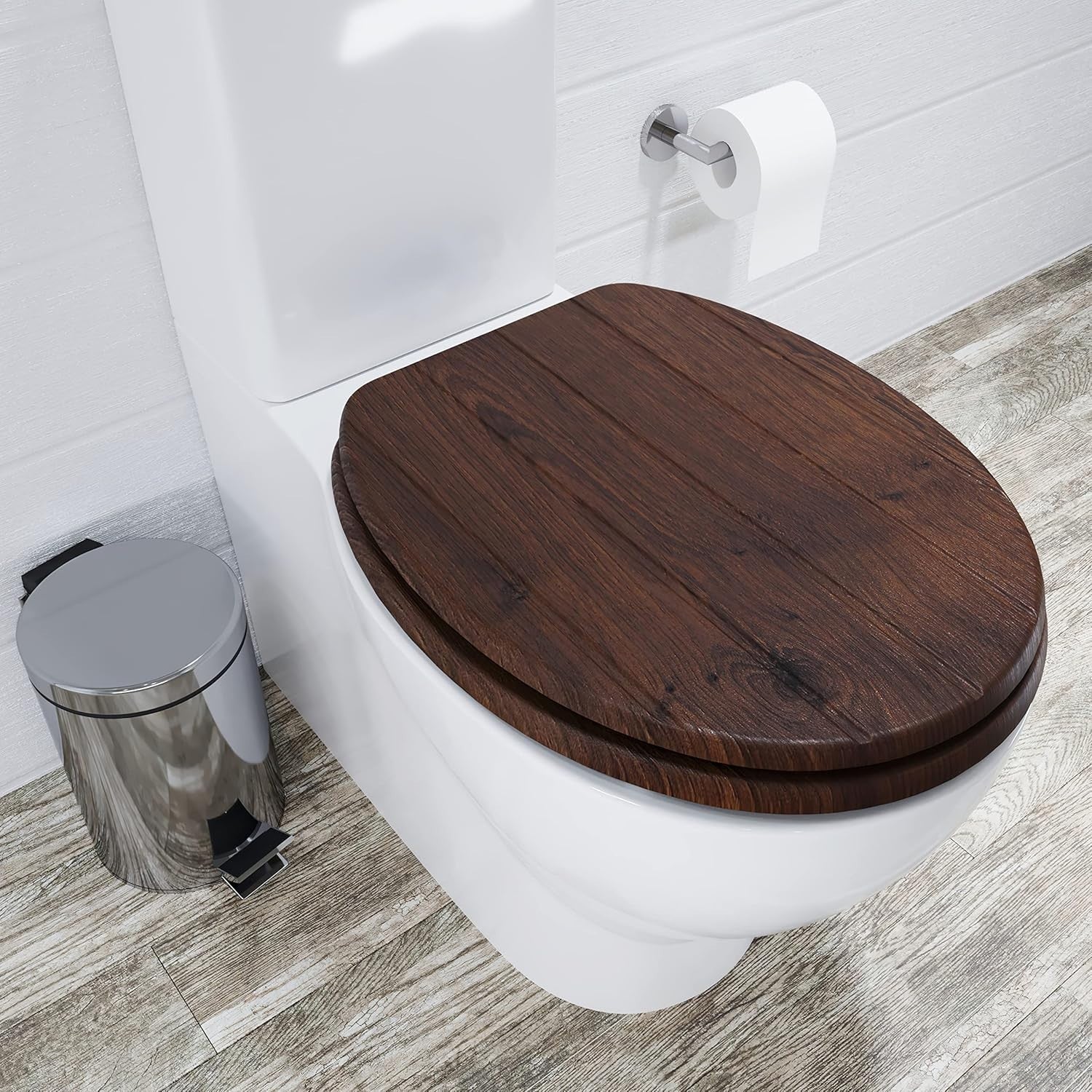 Walnut Effect Wooden Toilet Seat Adjustable Hinges Antibacterial Durable Oval