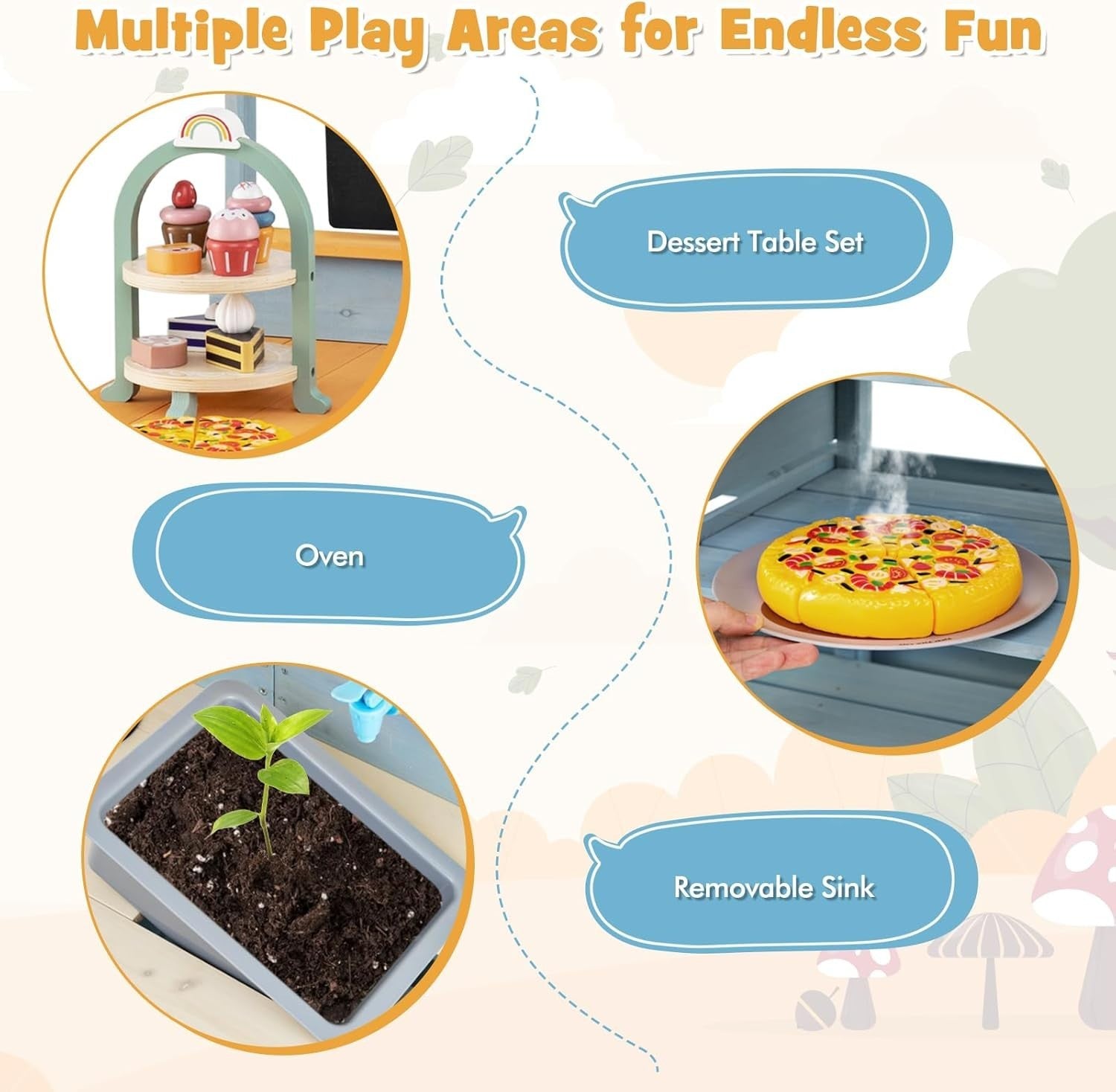Outdoor Mud Kitchen Kids Playset w/ Picnic Table Dessert Toys