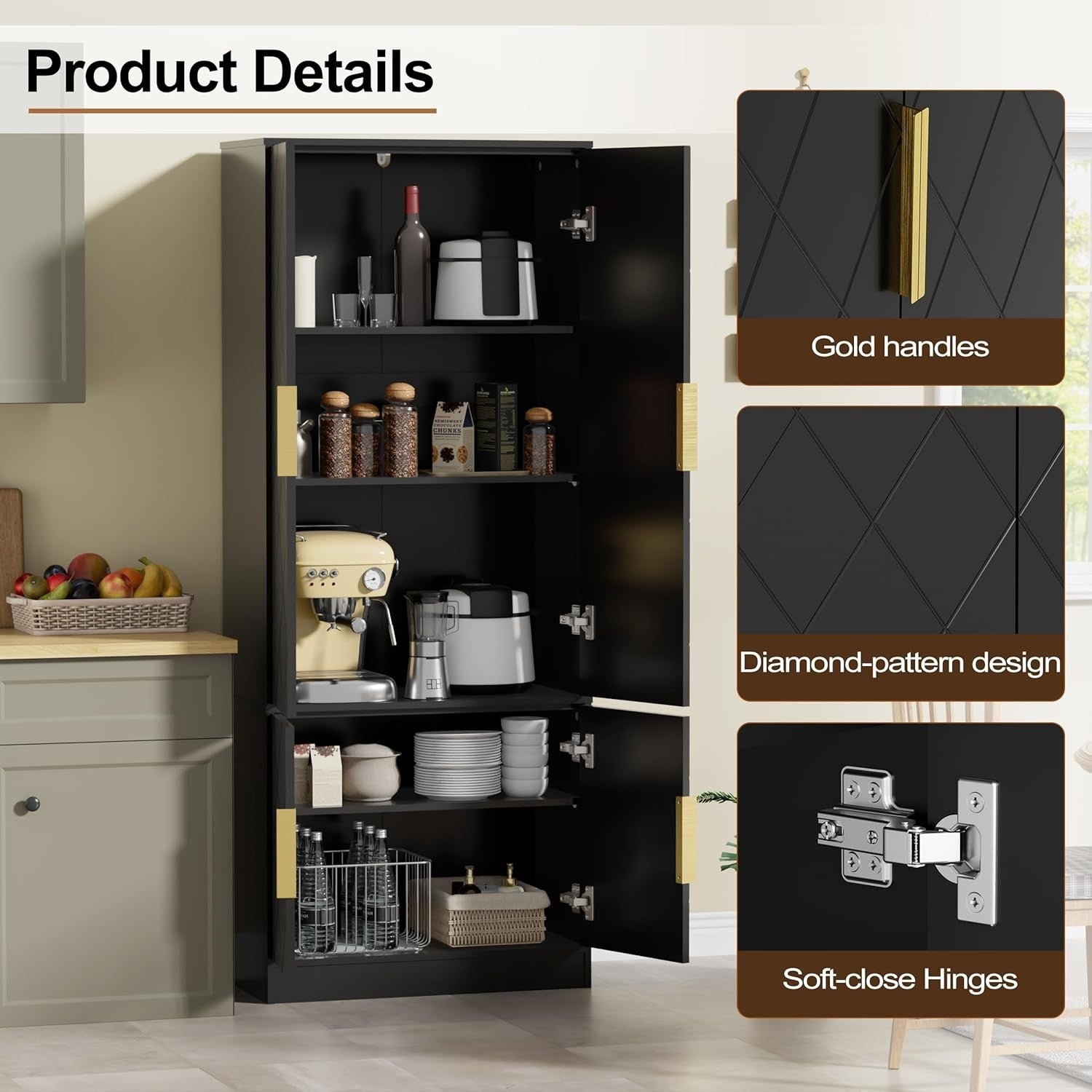 Tall Kitchen Cupboard Black 4-Door Buffet Cabinet Storage Unit